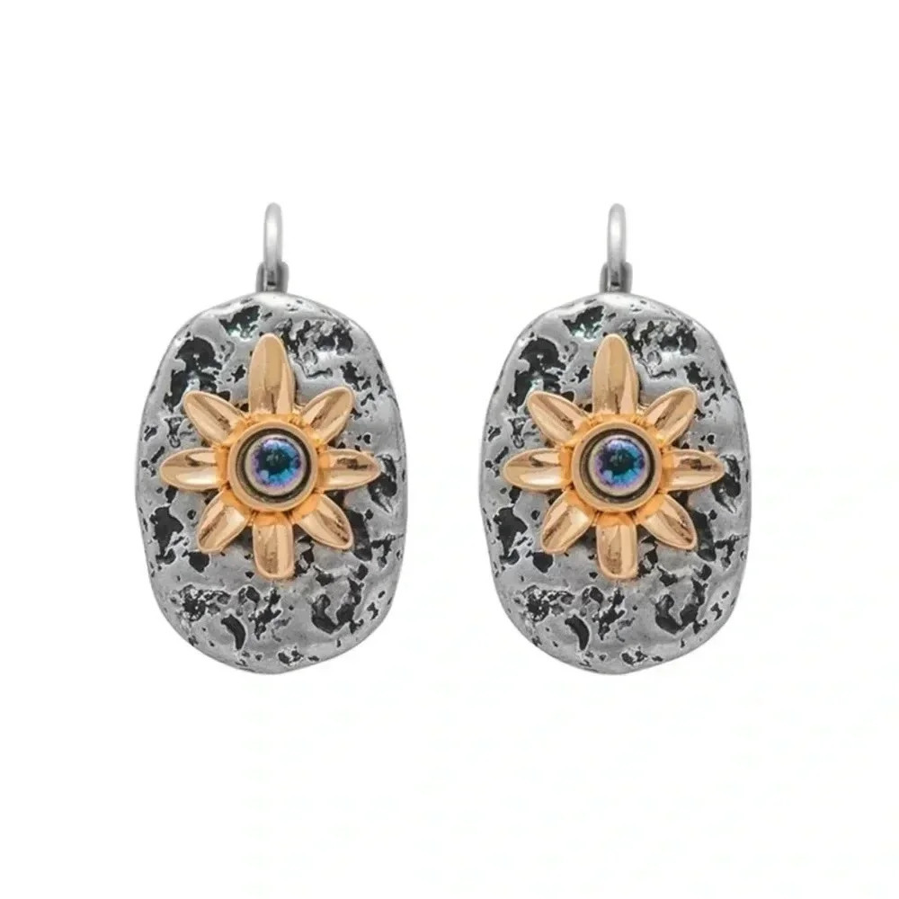 1 LEFT! Silver Sunflower Earrings Stud Hinge Boho Flower - Picture 5 of 5
